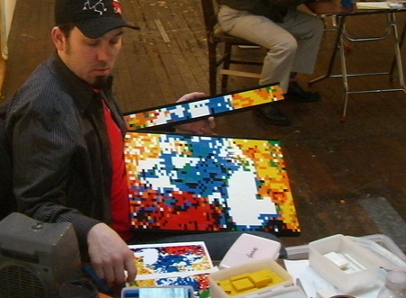Assembling a Lego Mosaic at one of my art shows.